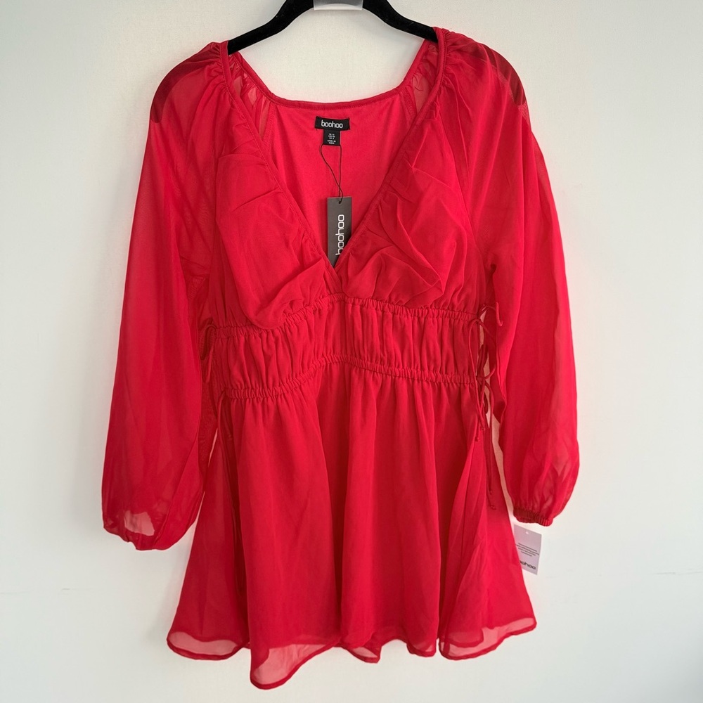 NWT Boohoo Petite Chiffon Tie Waist Balloon Sleeve Mini Dress size 12